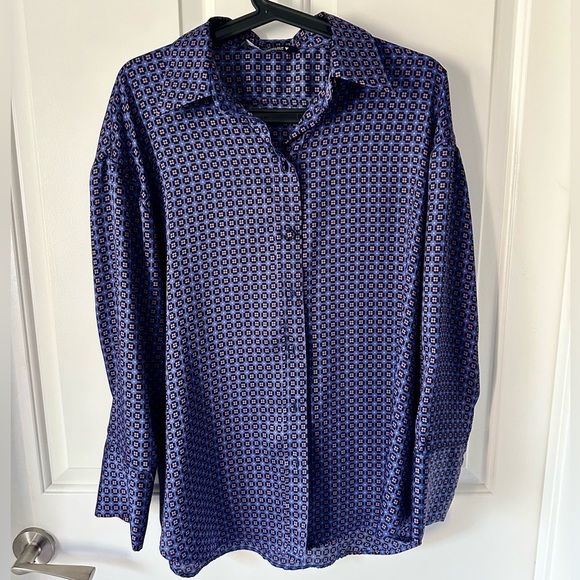 NEW Zara Purple Geometric Print Long Sleeve Shirt Satin Button Down Patterned - Picture 5 of 5